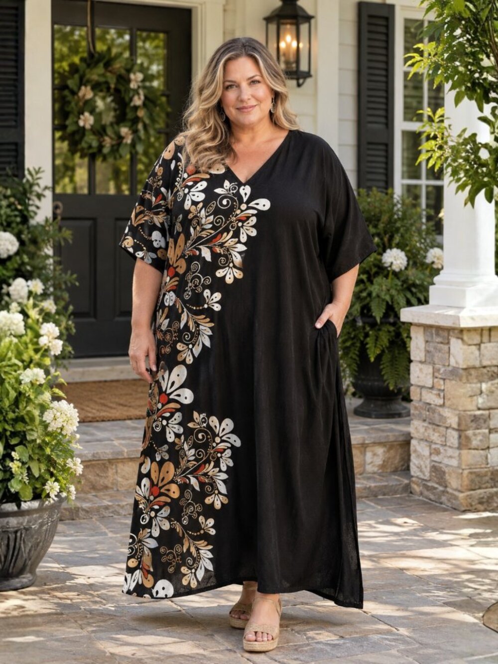 Women Plus Size Fit and Flare Floral Printed Black Kaftan Dress by Gypsie Blu